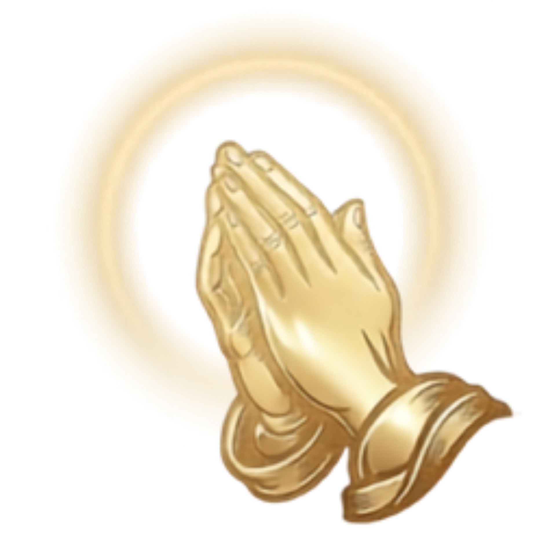Praying hands emoji in gold with a glowing halo behind them