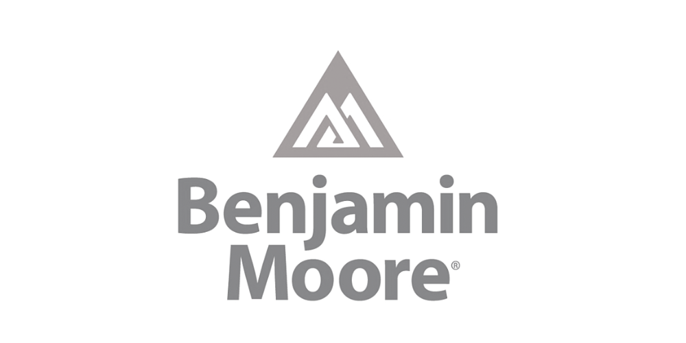 The logo for benjamin moore is gray and has a triangle on it.