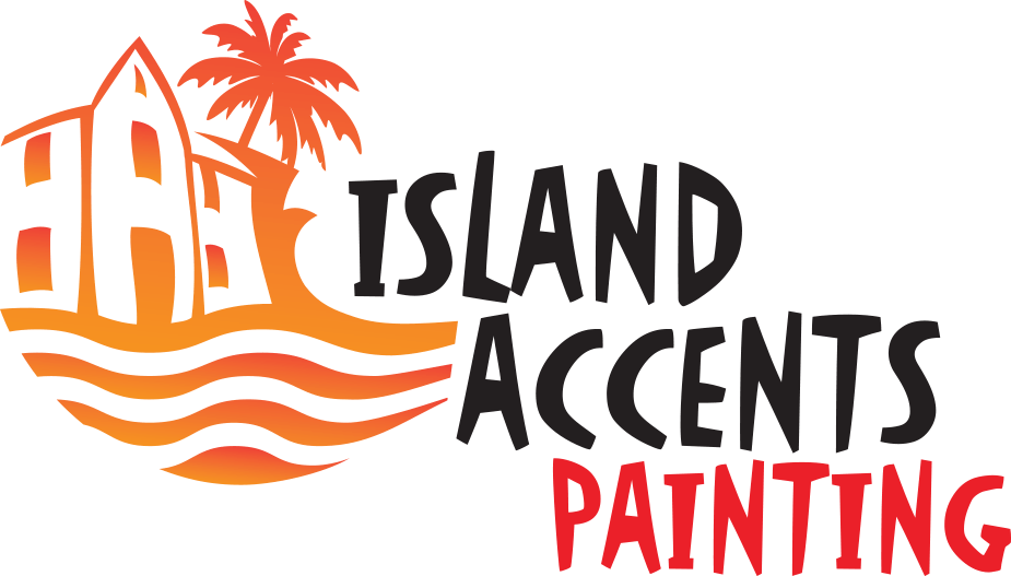 A logo for island accents painting with a house and palm tree.