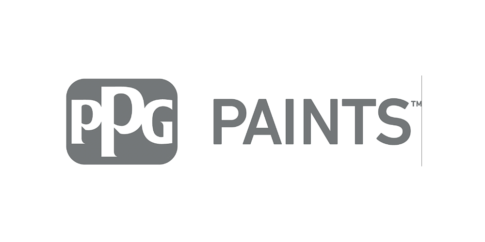 The ppg paints logo is gray and white on a white background.