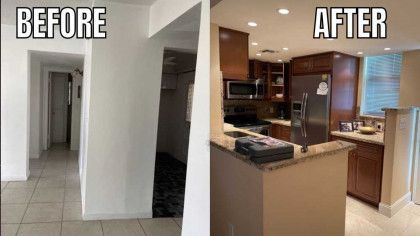 A before and after photo of a kitchen with stainless steel appliances.