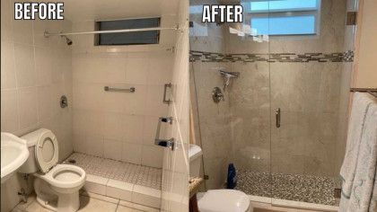 A before and after photo of a bathroom with a toilet and shower.