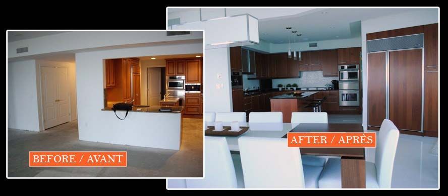 A before and after photo of a kitchen and dining room