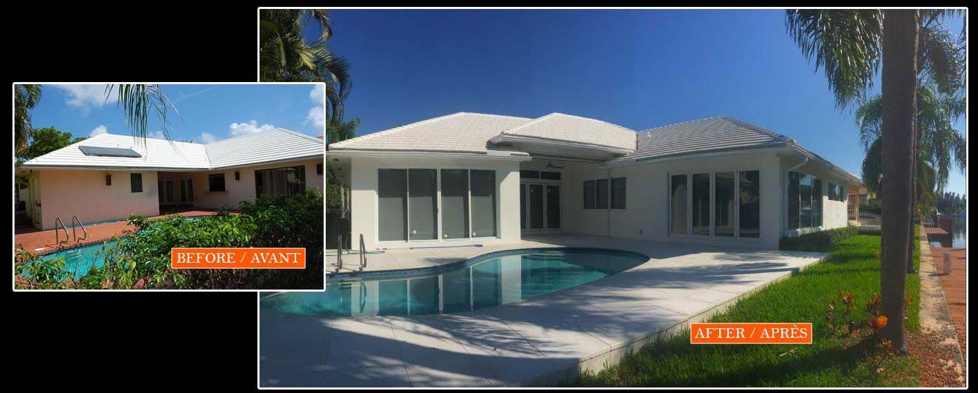 A before and after photo of a house with a pool