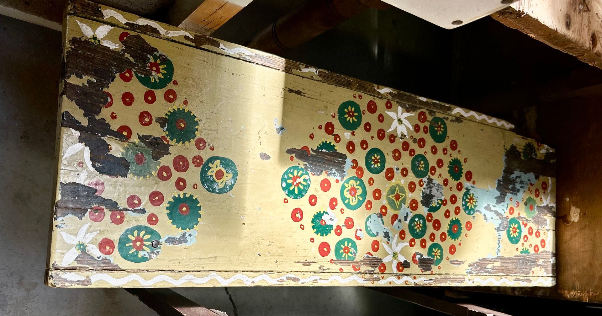 Decorative floral-patterned box or tray with red, green, and blue flowers on a cream background