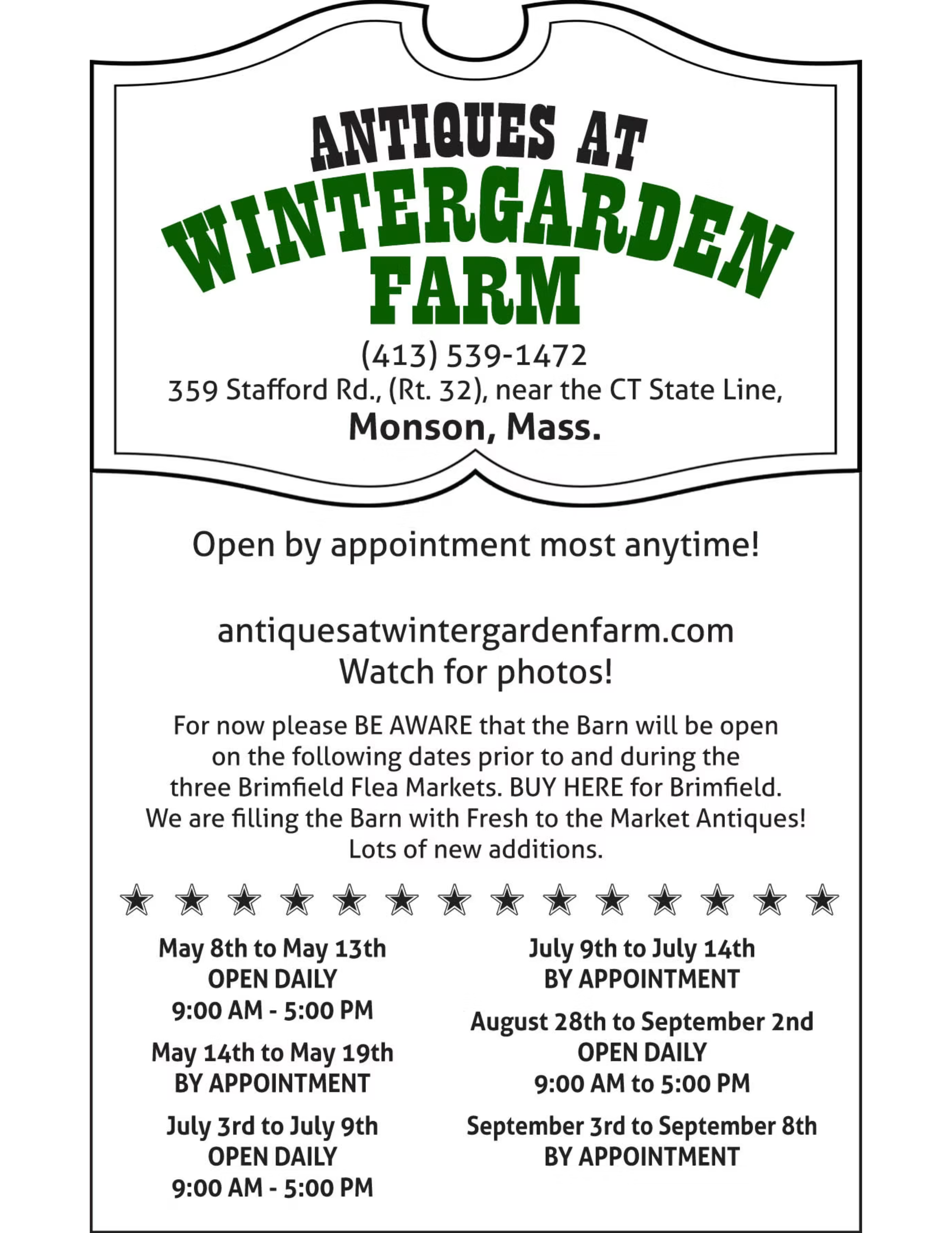 Antiques at Wintergarden sign with event details, contact info, and hours on white background