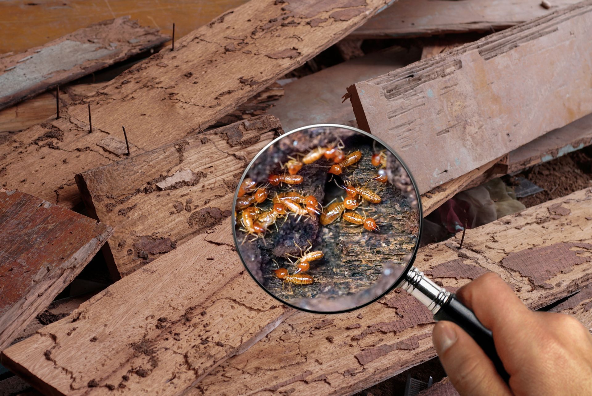 Termite infestation damaging wooden boards under magnification.