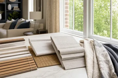 Samples of flooring and fabric swatches displayed by a bright window in a living room Samples of flooring and fabric swatches displayed by a bright window in a living room