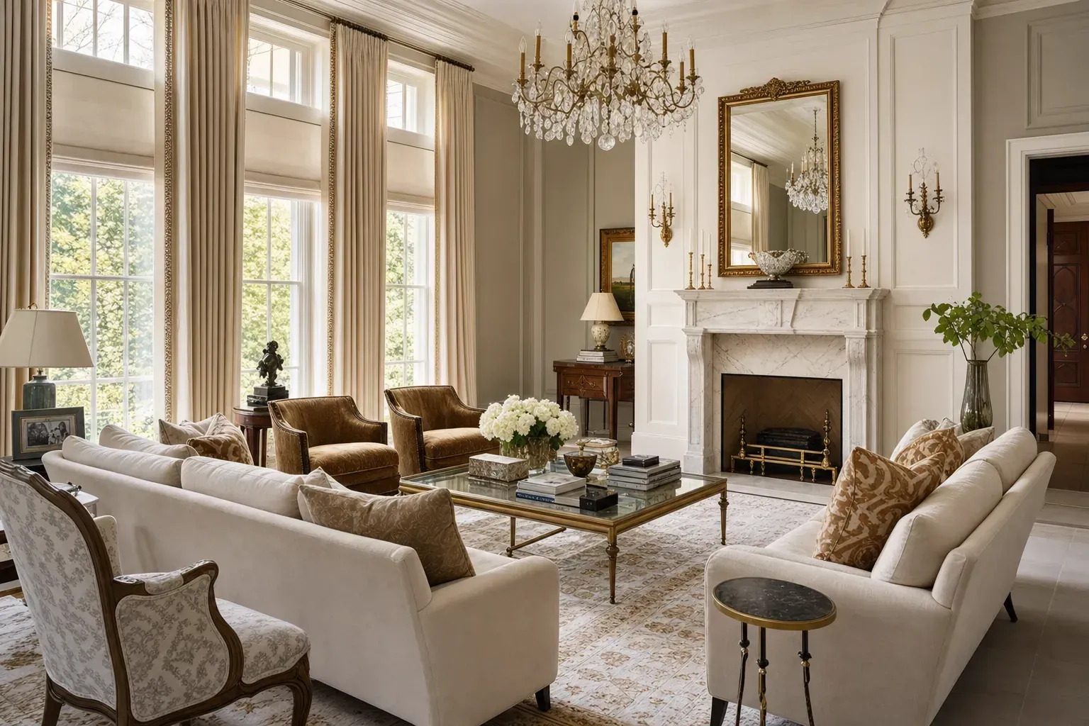 Elegant living room with cream sofas, chandelier, fireplace, and large windows overlooking greenery