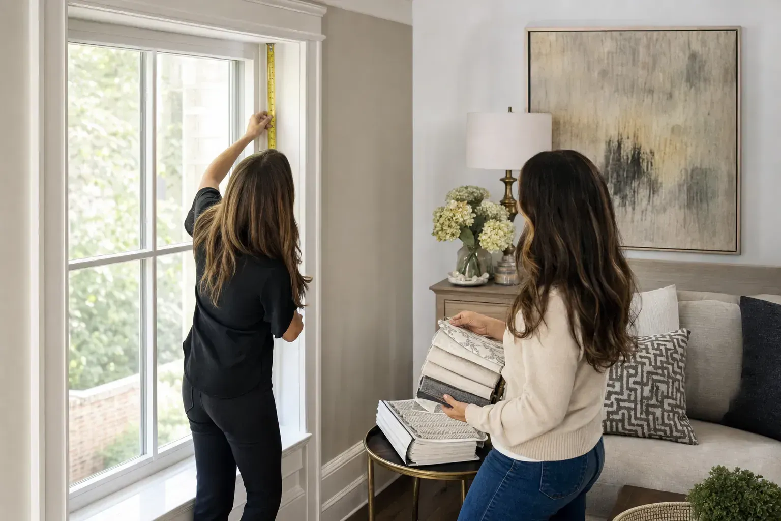 Two women in a bright living room adjusting a window shade beside a sofa and lamp. Two women in a bright living room adjusting a window shade beside a sofa and lamp.