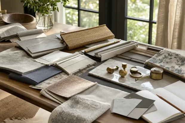 Fabric and paper swatches arranged on a sunlit table for interior design planning Fabric and paper swatches arranged on a sunlit table for interior design planning