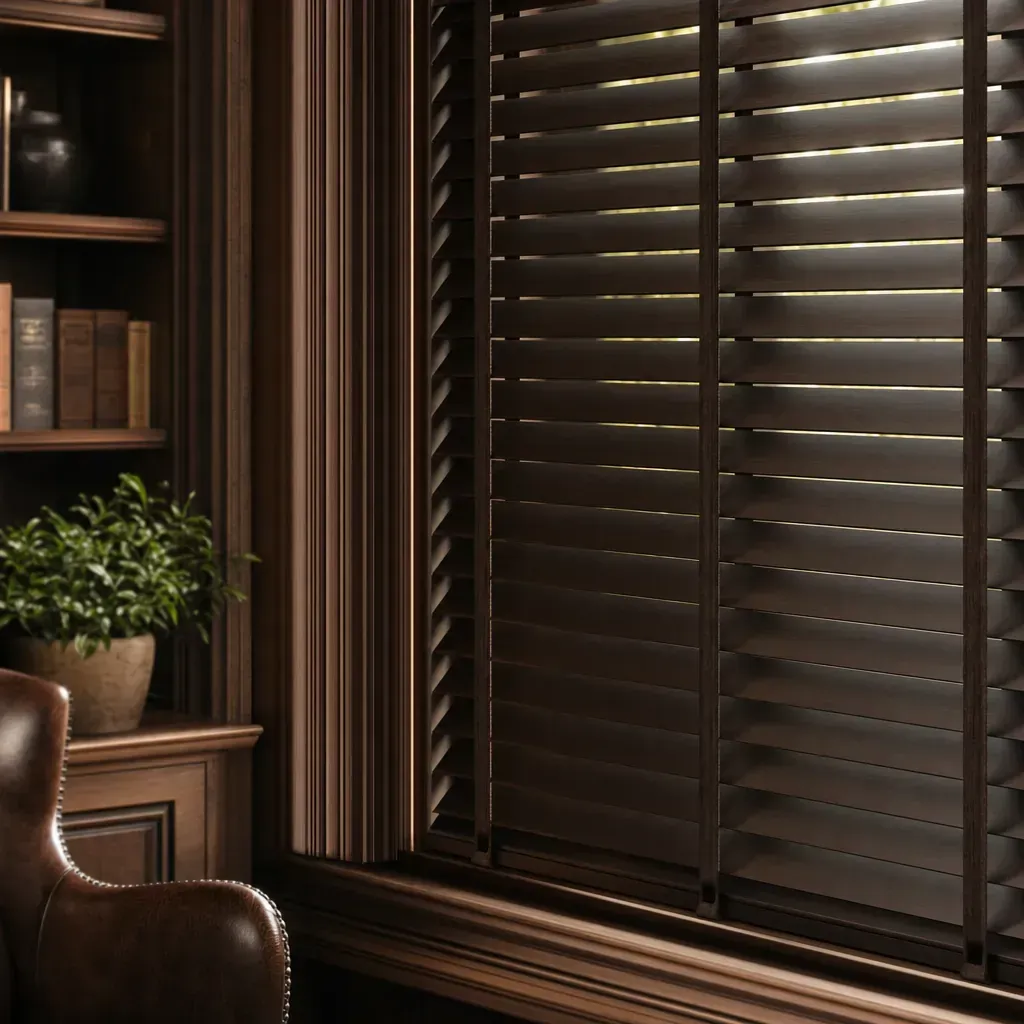 Cozy wood-paneled room with dark window blinds, a leather chair, and a potted plant on a shelf. Cozy wood-paneled room with dark window blinds, a leather chair, and a potted plant on a shelf.