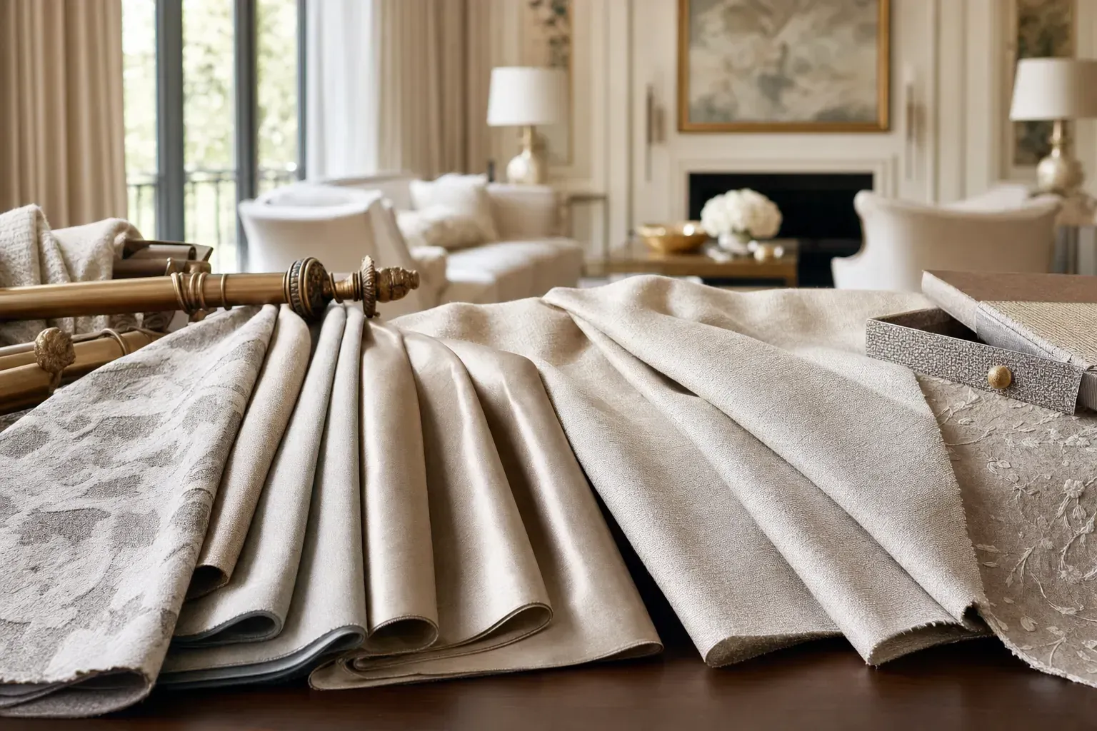 Rolled and folded beige fabric samples on a table in an elegant living room showroom