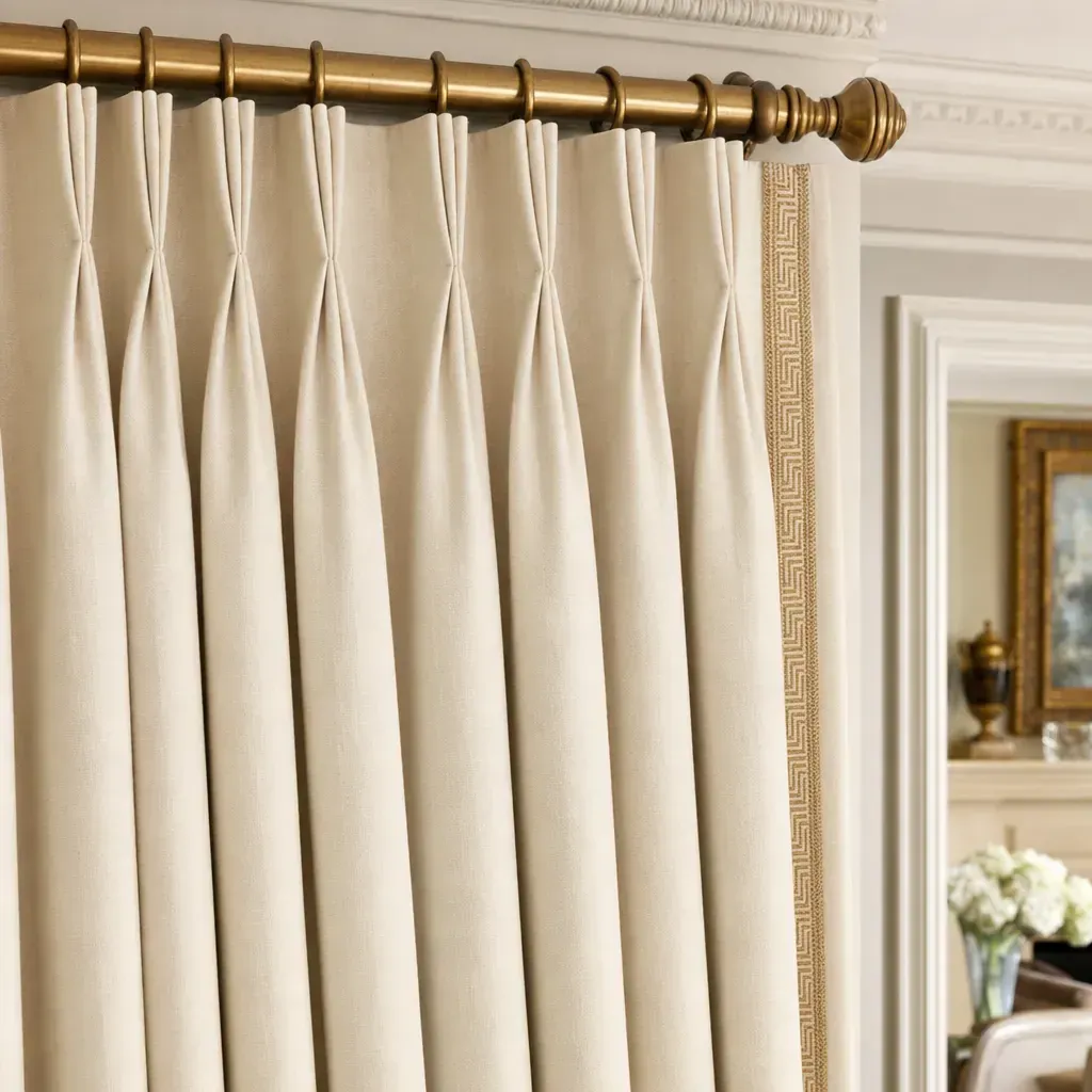 Beige pleated curtains on a brass rod in a classic interior room Beige pleated curtains on a brass rod in a classic interior room