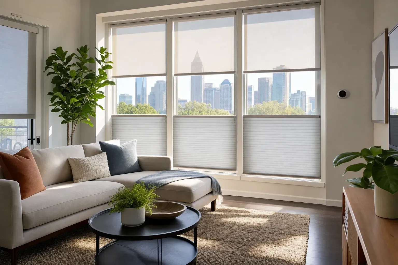 Bright living room with gray sofa, plants, and city skyline visible through large windows Bright living room with gray sofa, plants, and city skyline visible through large windows