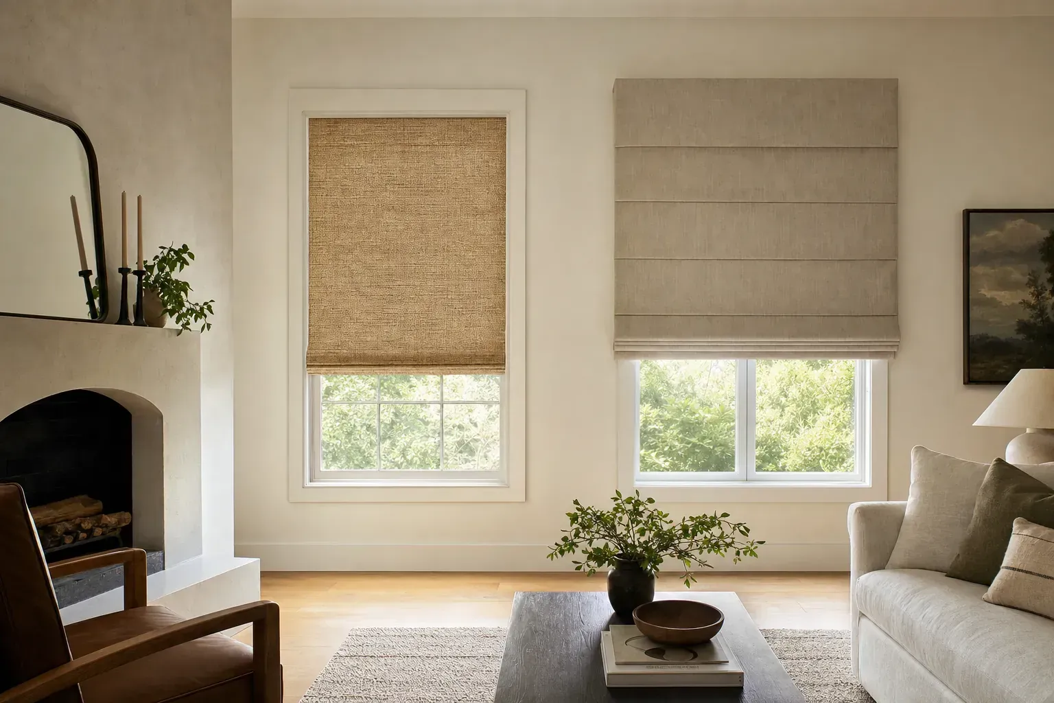 Cozy living room with fireplace, beige sofa, and two window shades over sunlit windows