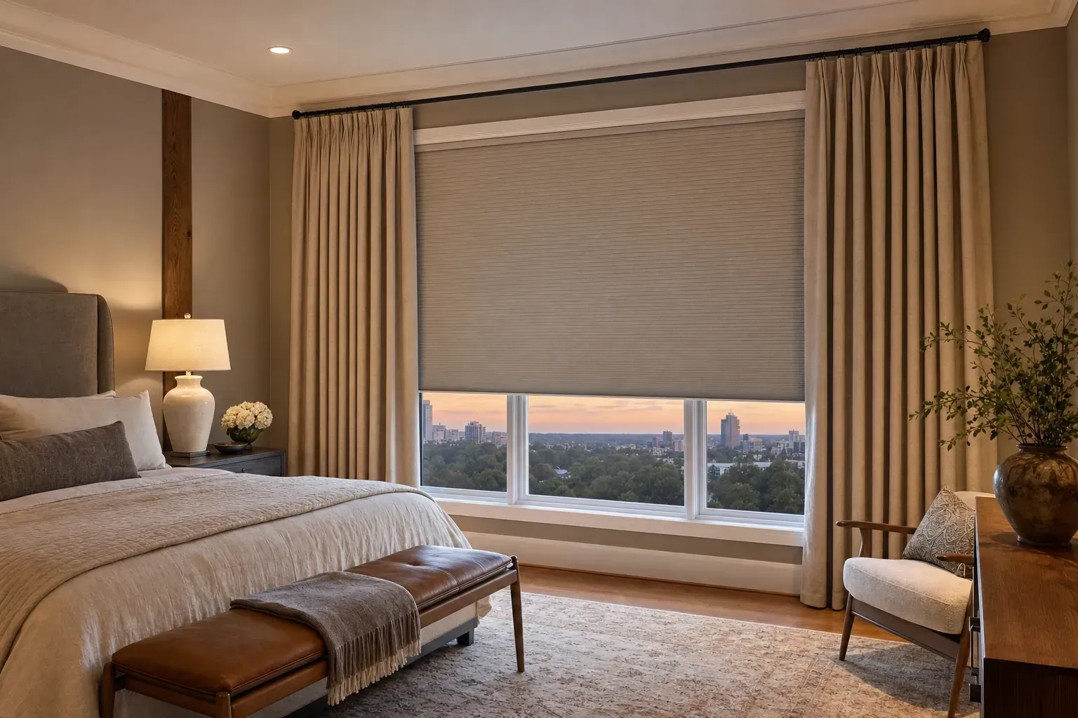 Cozy bedroom with a large window, beige curtains, bed, chair, lamp, and sunset view. Cozy bedroom with a large window, beige curtains, bed, chair, lamp, and sunset view.