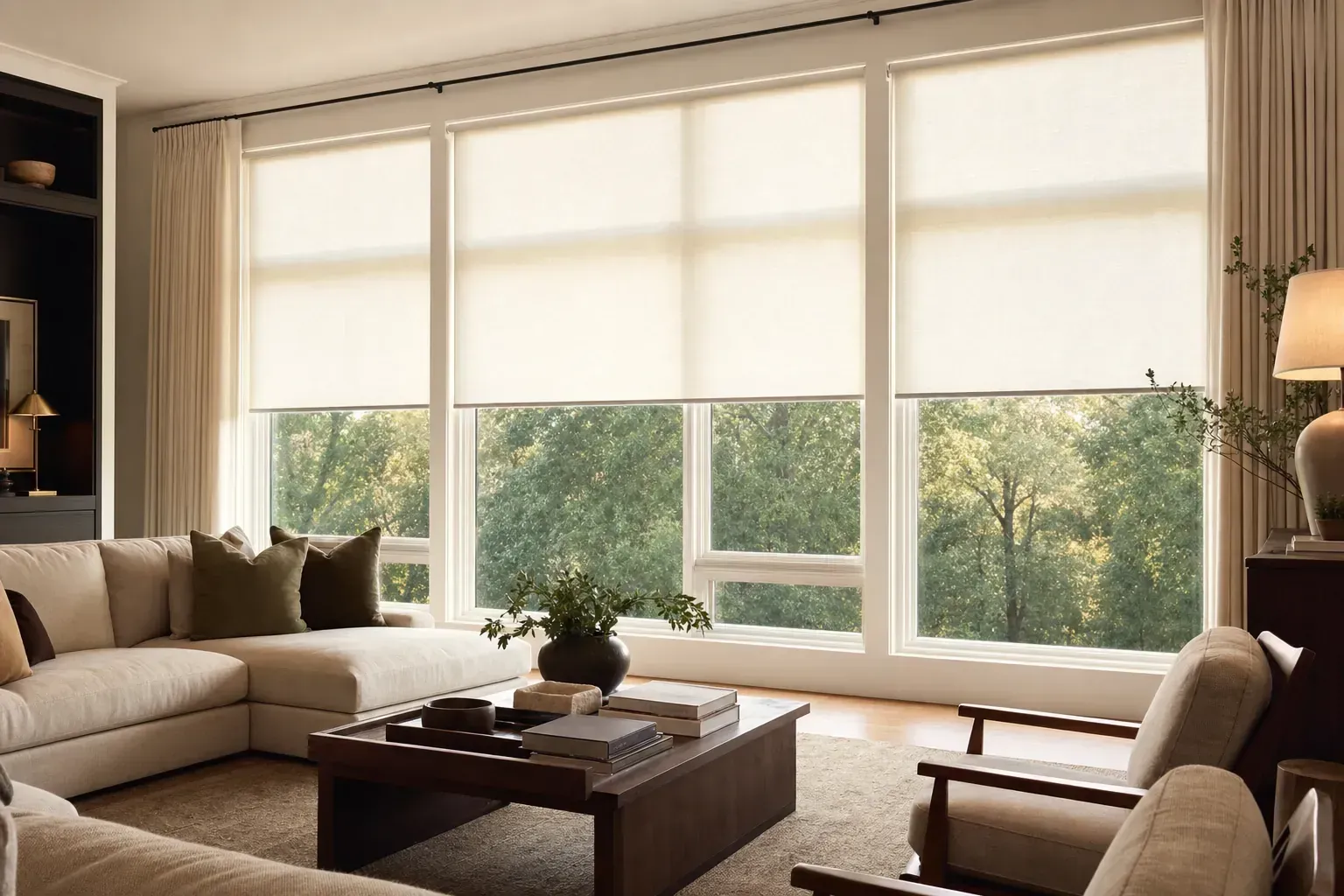 Modern living room with beige sectional, coffee table, and large windows overlooking trees