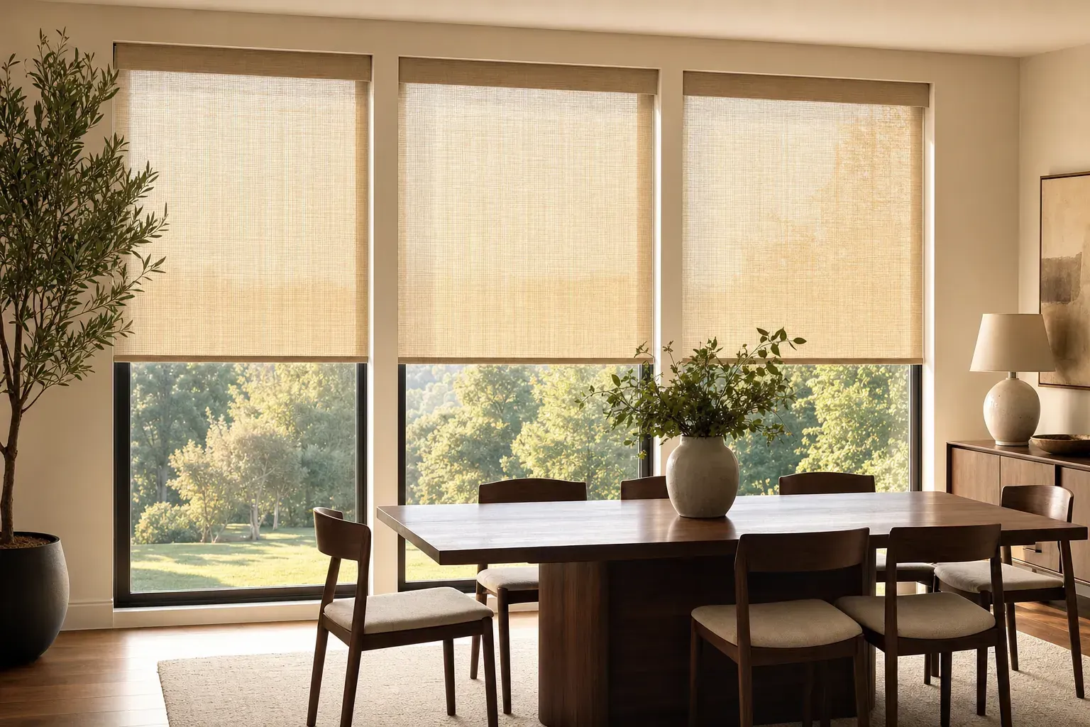 Sunlit dining room with a wooden table, chairs, large windows with shades, and potted plants Sunlit dining room with a wooden table, chairs, large windows with shades, and potted plants