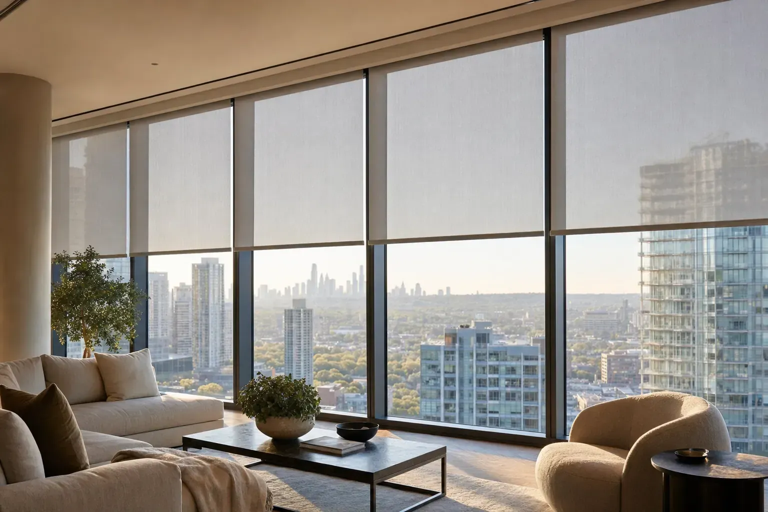 Modern living room with floor-to-ceiling windows overlooking a city skyline at sunset Modern living room with floor-to-ceiling windows overlooking a city skyline at sunset