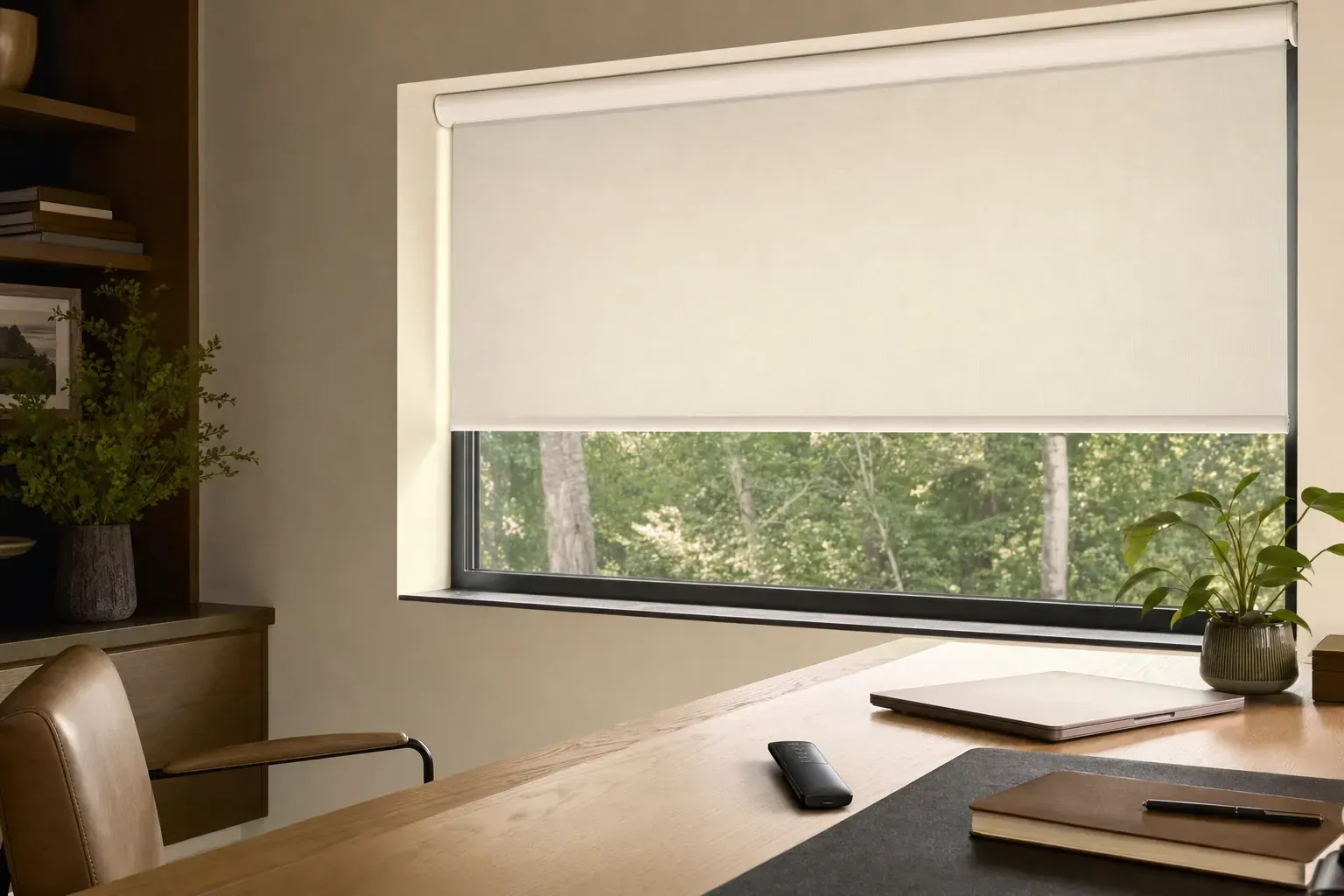 Office desk facing a window with a closed white roller blind and potted plant.
