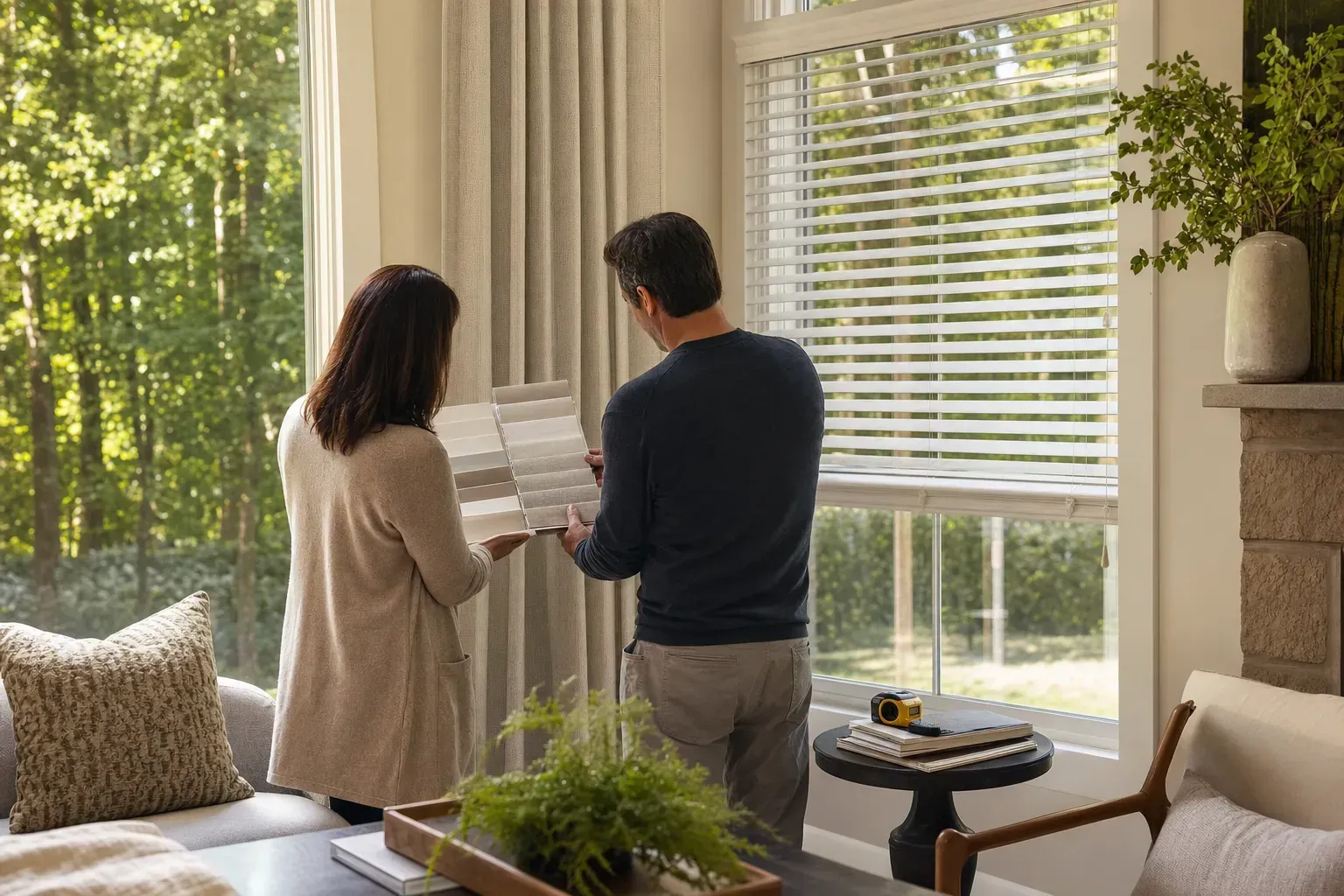 Two people standing by a bright window, looking at a tablet in a sunlit living room. Two people standing by a bright window, looking at a tablet in a sunlit living room.