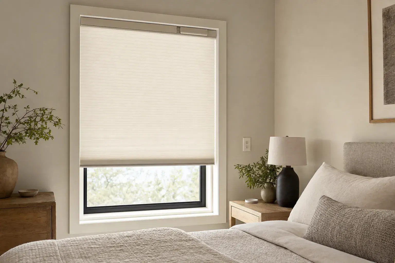 Cozy bedroom with a bed, bedside lamp, dresser, and a window with a closed blind Cozy bedroom with a bed, bedside lamp, dresser, and a window with a closed blind