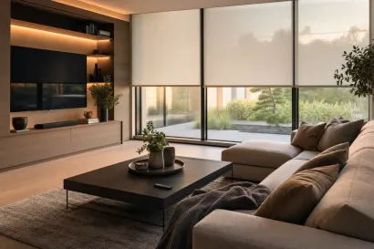 Modern living room with sectional sofa, coffee table, wall TV, and floor-to-ceiling windows overlooking greenery Modern living room with sectional sofa, coffee table, wall TV, and floor-to-ceiling windows overlooking greenery