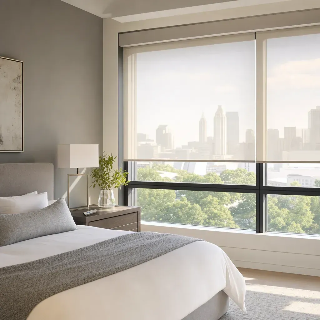 Modern bedroom with large window, city skyline view, and a neatly made bed. Modern bedroom with large window, city skyline view, and a neatly made bed.