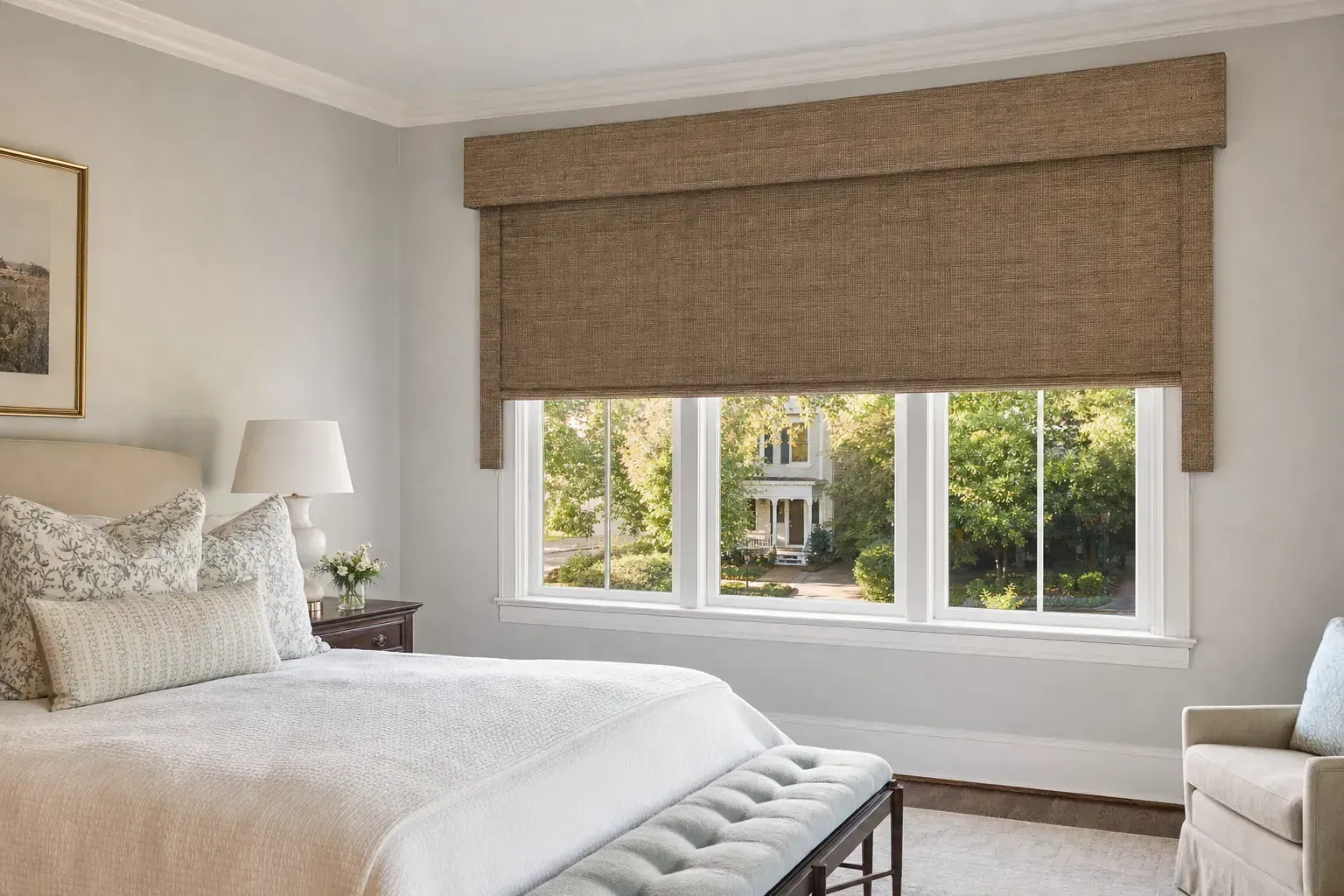 Bright bedroom with a white bed, tufted bench, and woven Roman shades over a large window. Bright bedroom with a white bed, tufted bench, and woven Roman shades over a large window.