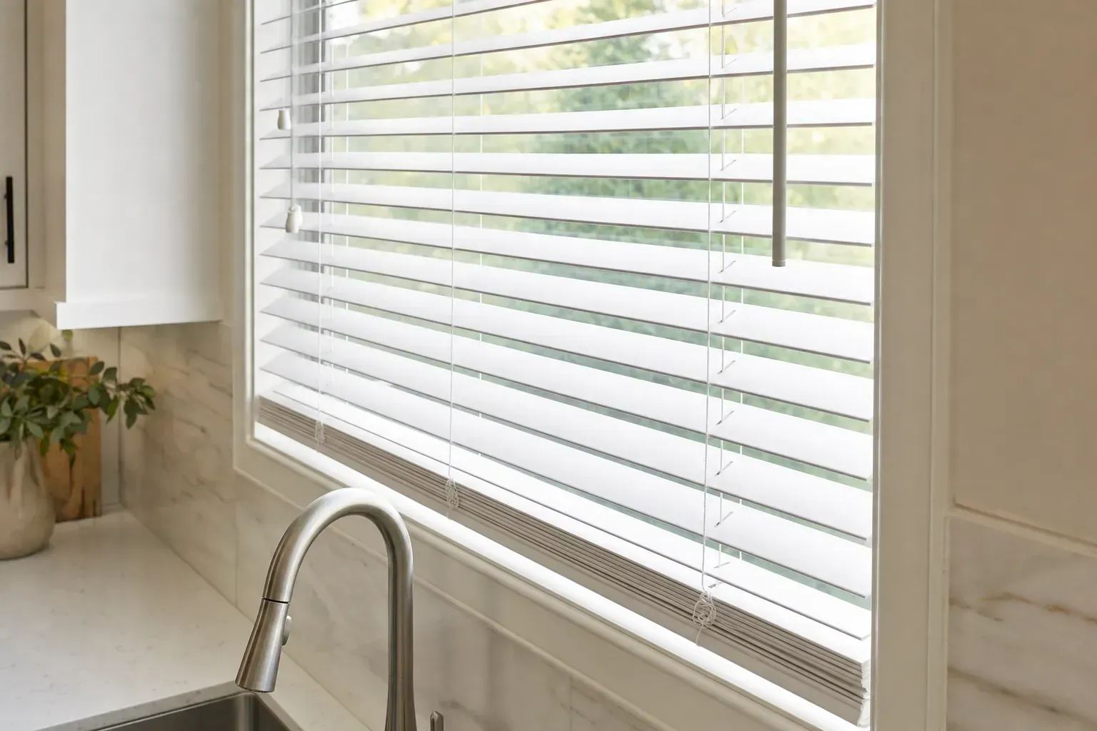 Kitchen sink under a window with white blinds and a potted plant on the counter. Kitchen sink under a window with white blinds and a potted plant on the counter.