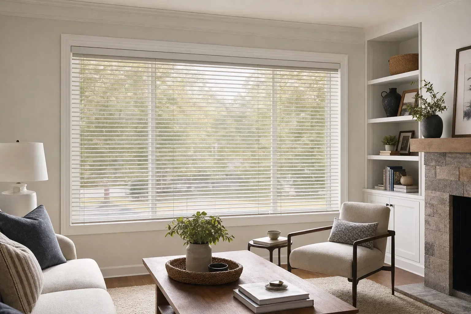 Bright living room with large window, white sofa, armchair, fireplace, and coffee table with plants.