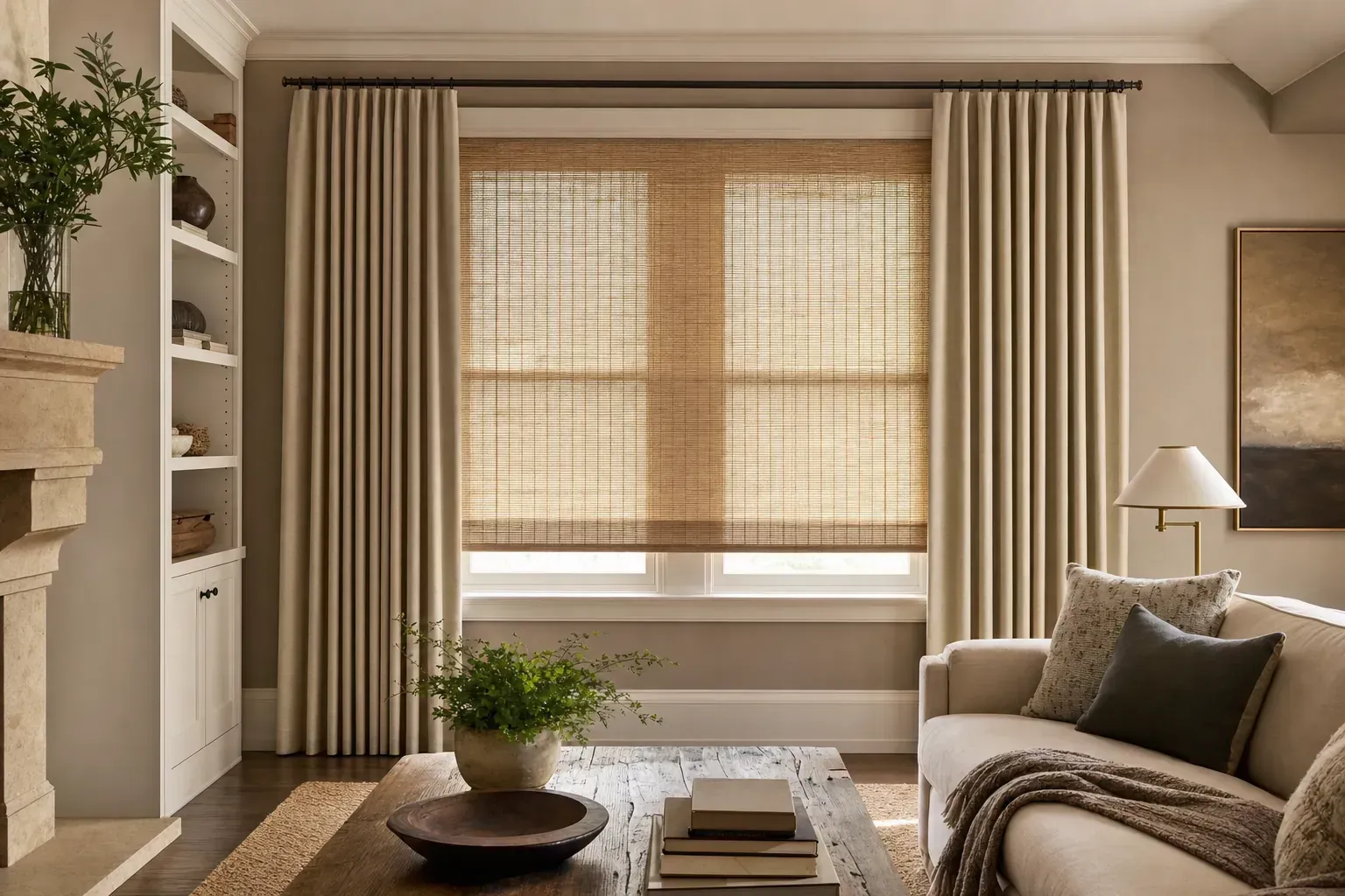 Cozy living room with beige curtains, woven shades, sofa, lamp, and coffee table by a window. Cozy living room with beige curtains, woven shades, sofa, lamp, and coffee table by a window.
