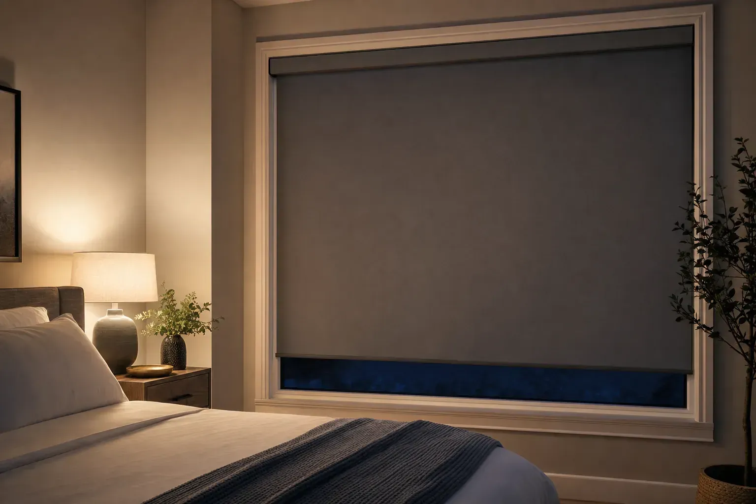 Cozy bedroom with a large window, closed gray blind, bedside lamp, and plant accents Cozy bedroom with a large window, closed gray blind, bedside lamp, and plant accents