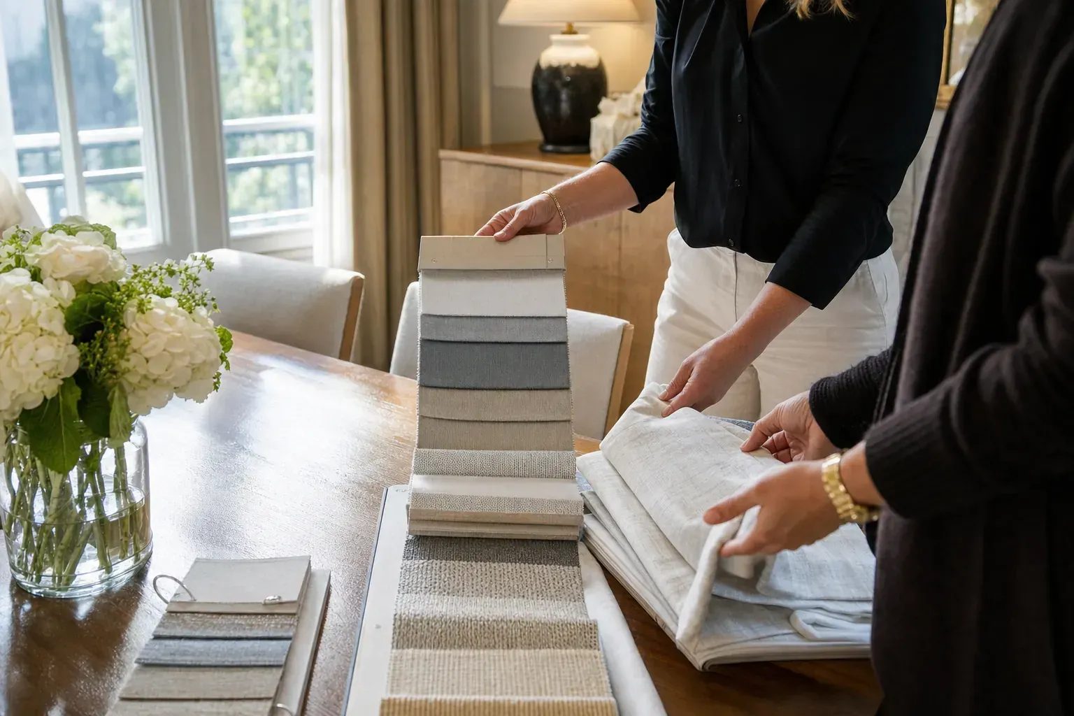 People stacking folded towels on a dining table beside a vase of white flowers. People stacking folded towels on a dining table beside a vase of white flowers.