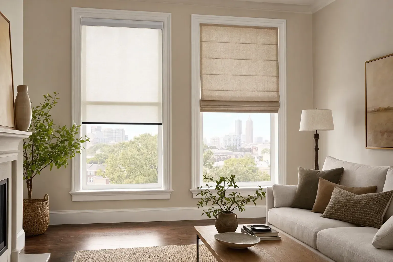 Bright living room with beige sofa, lamp, plants, and two windows with shades overlooking a city view