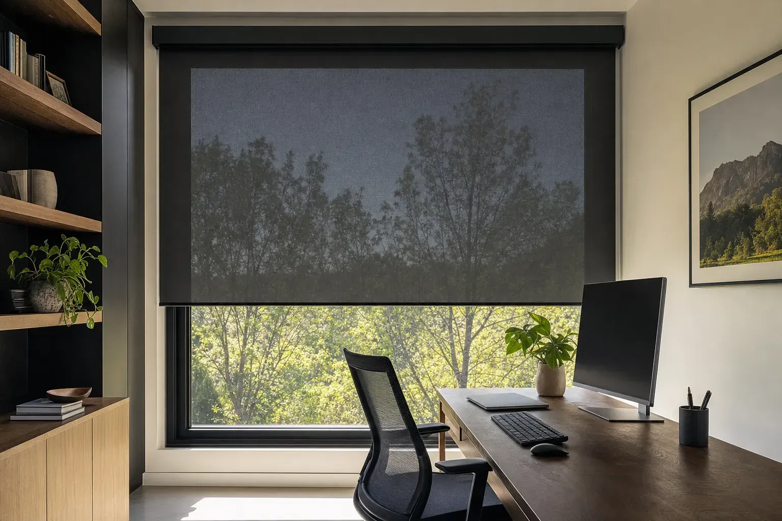 Closed white roller blind over a window with a brass latch, showing greenery outside Closed white roller blind over a window with a brass latch, showing greenery outside