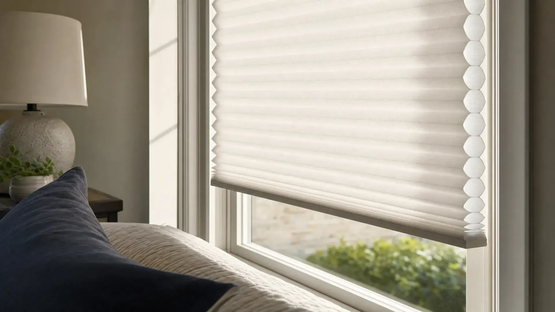 Living room window with closed white blinds beside a gray sofa and lamp Living room window with closed white blinds beside a gray sofa and lamp