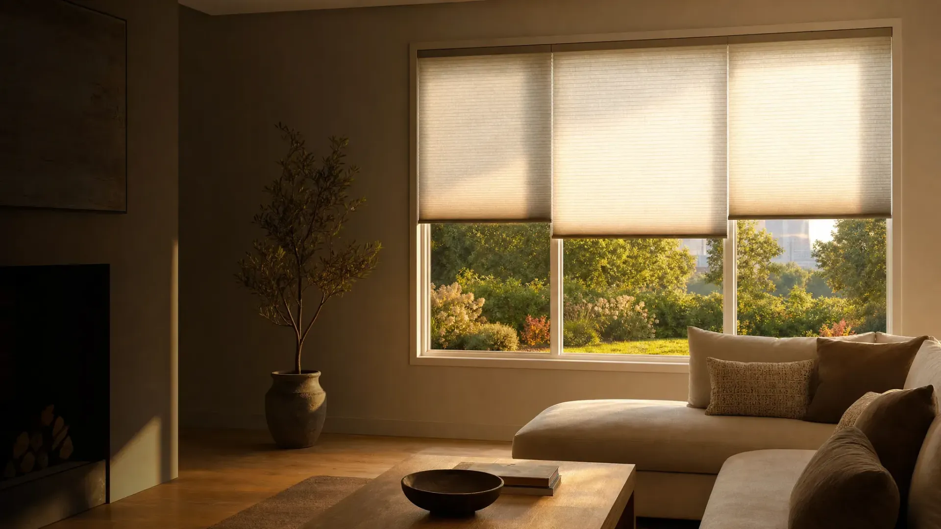 Cozy living room with beige sofa, wooden coffee table, and sunlight filtering through window blinds.