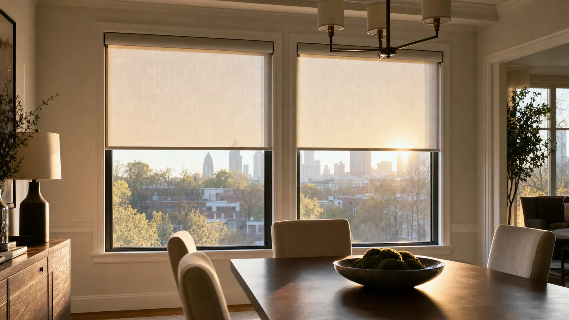 Cozy living room with beige curtains, woven shades, sofa, lamp, and coffee table by a window. Cozy living room with beige curtains, woven shades, sofa, lamp, and coffee table by a window.