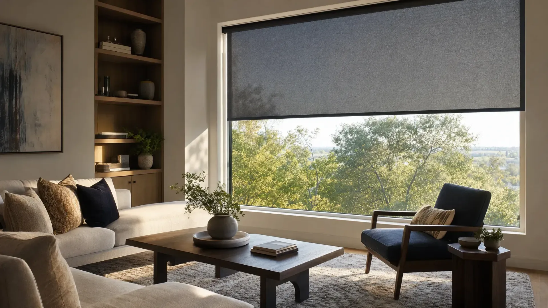 Modern living room with beige sofa, coffee table, armchair, and large window with gray roller shade. Modern living room with beige sofa, coffee table, armchair, and large window with gray roller shade.