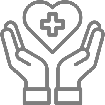 A grey outline icon of two hands cupped underneath a heart containing a plus sign, symbolizing medical care or support.