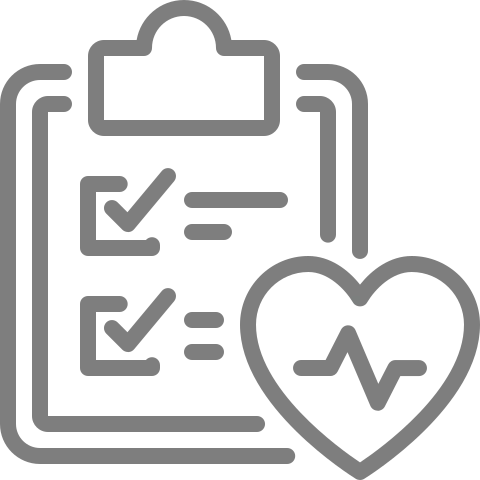 A grey icon of a clipboard with two checked items next to a heart containing an EKG pulse line.