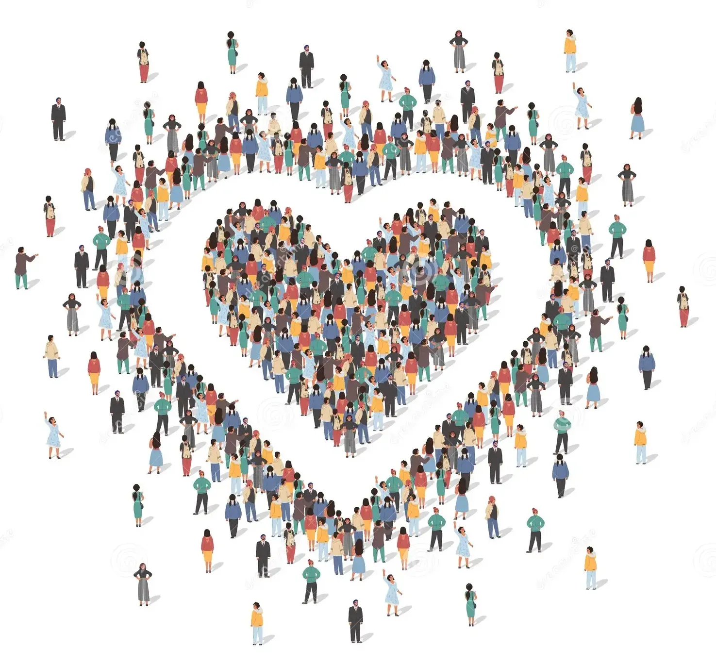 A large, diverse group of people arranged to form a heart shape against a white background.