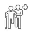 Line art icon of a medical professional assisting a person walking with a cane, next to a medical cross symbol.