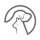 A simple grey line art logo featuring the side profile of a cat positioned in front of a dog, enclosed in a circle.
