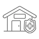 A line icon of a house paired with a shield containing a medical cross symbol, representing health insurance or coverage.