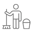 A gray line icon of a person holding a broom next to a bucket.