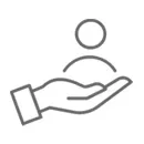 A gray icon of a hand cradling a stylized human figure, representing care or service.