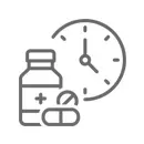 An icon featuring a medicine bottle and pills set in front of a clock, representing medication timing or scheduling.